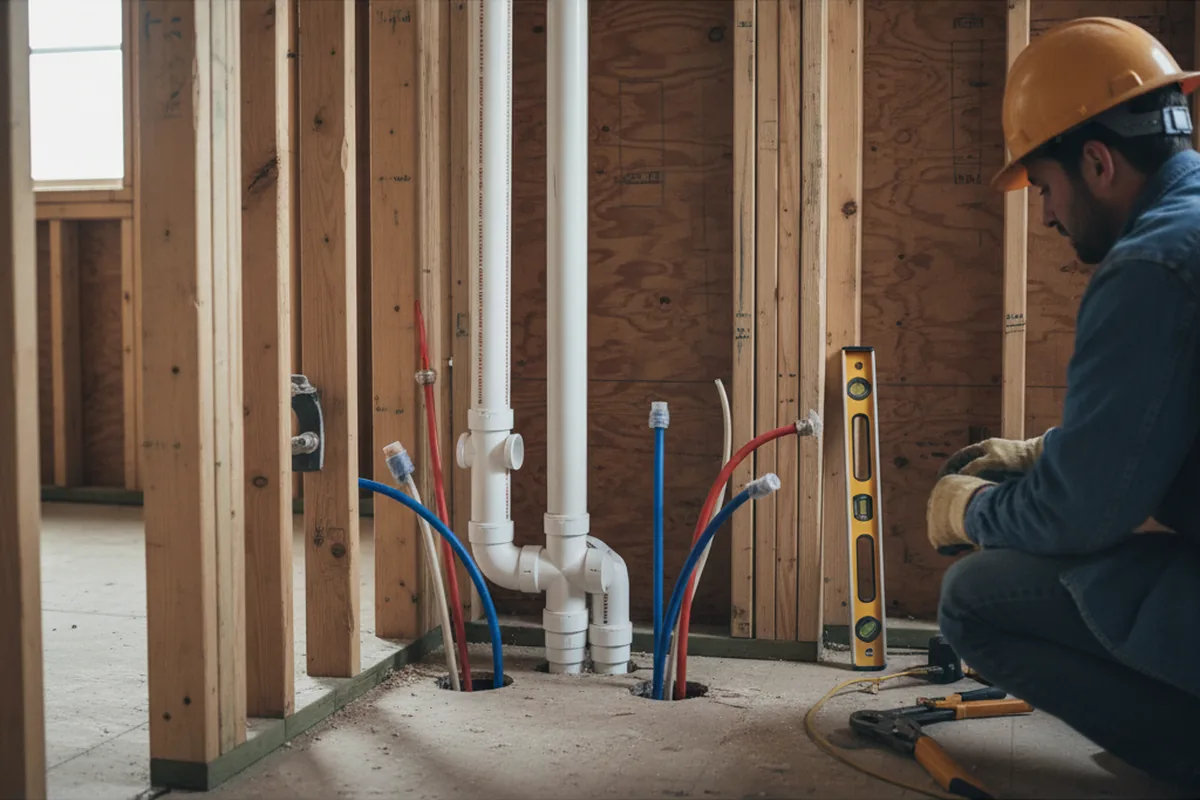 Drain and supply rough-in during Sump Pump Repair in Reader