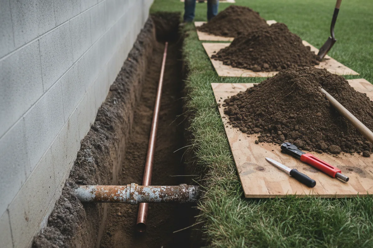 Excavated water line trench during Water Softener Installation in Reader